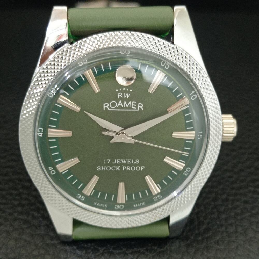 Vintage 1970 Roamer Manual Mens Silver Watch W/Leather Strap & Green accents - Picture 4 of 9